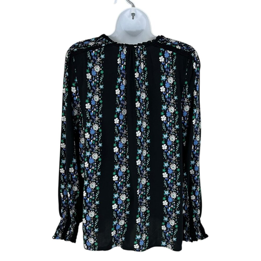 Talbots Women's Size M Dark Floral Striped Smocked Black Blouse - Picture 4 of 9